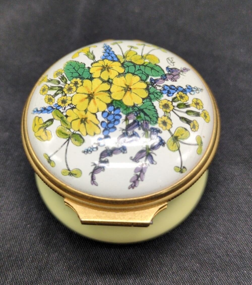 Halcyon Days Enamel Box Kew Gardens Primrose Bluebells Floral Trinket Signed Box